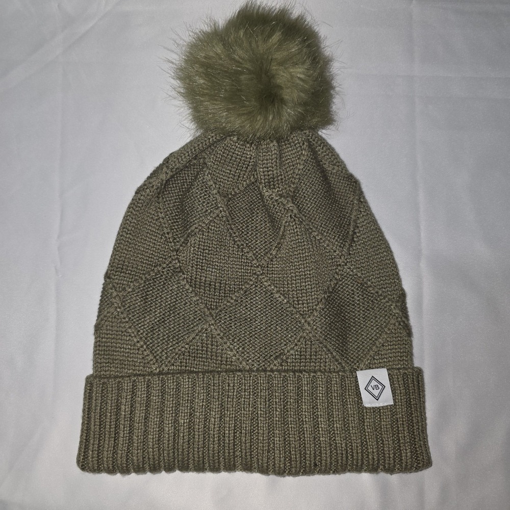 Vera Bradley Green Pom-Pom Beanie Hat Women's Winter Knit Faux‎ Fur One Size